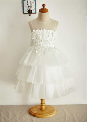 Sheer Neckline Lace Tiered Tulle Skirt Flower Girl Dress 